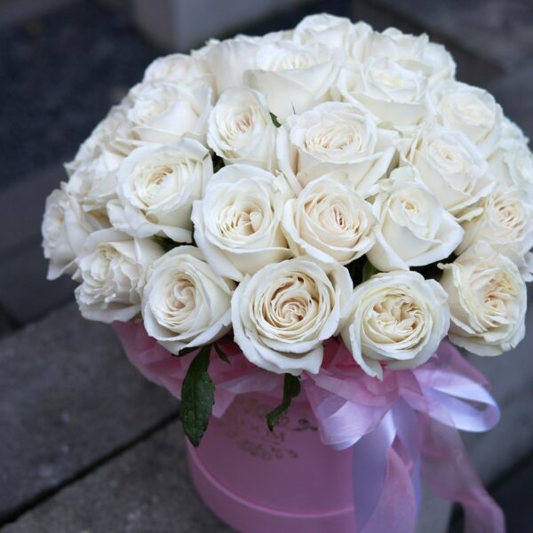 Białe róże w różowym pudełku